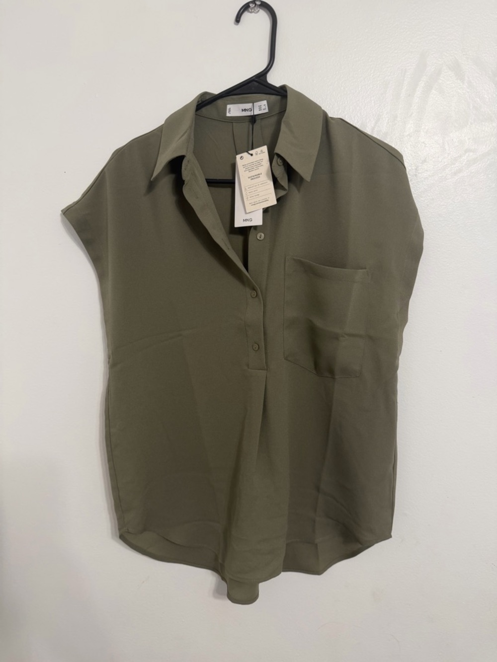 Mango Olive Green Cap-Sleeve Pullover Blouse